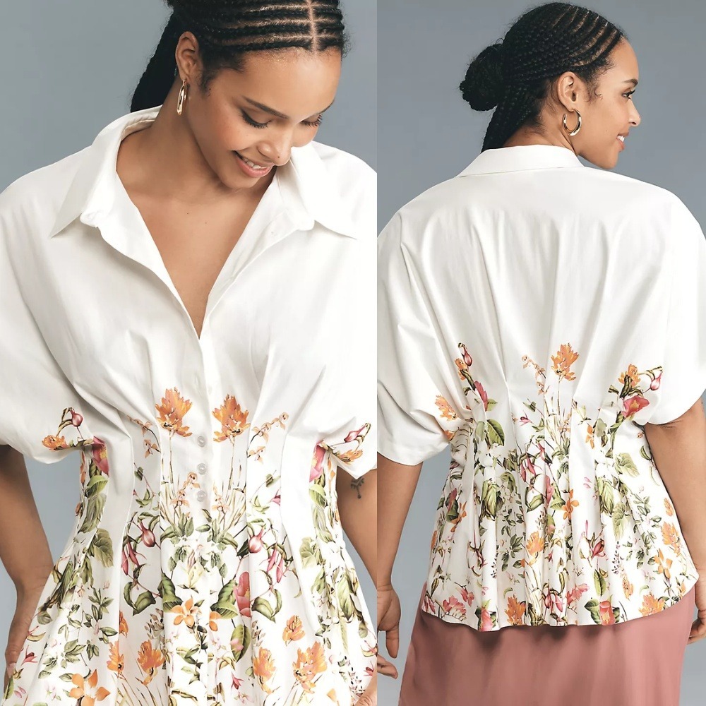 NWT Anthropologie Exquise The Tobie Short-Sleeve Pleated Blouse 3X Floral Shirt
